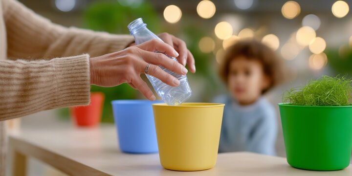 Woman watering indoor plants with child observing in background - Powered by Adobe