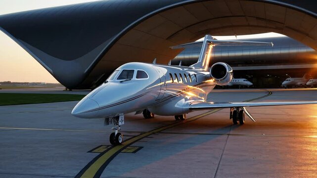 Private jet airplane parked outside modern hangar at sunset, luxury travel, executive aviation, business jet, air transportation, wealth, freedom, exclusive flight, airport lifestyle, success