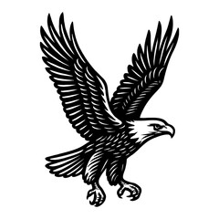 Fototapeta premium Eagle Flying with Open Wings Black and White Outline Line Art Drawing Vector Graphic Template