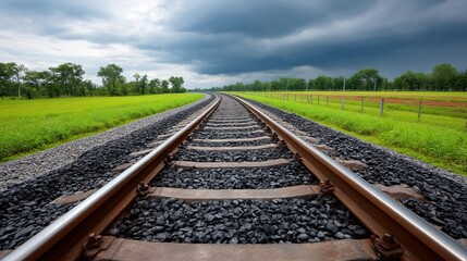 Fototapeta premium Railway tracks extend into the distance under a cloudy sky, surrounded by green fields and trees