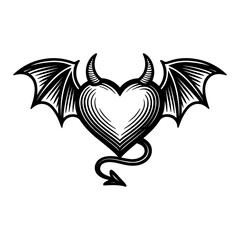 Devil Heart with Wing and Tail Black and White Outline Line Art Drawing Illustration Design Vector