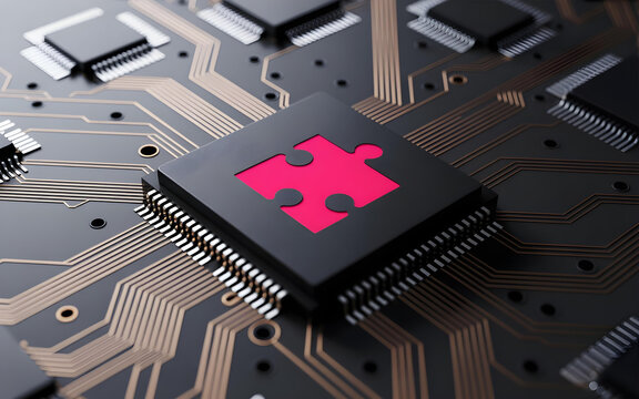 A pink puzzle piece is embedded in a black computer chip on a circuit board
