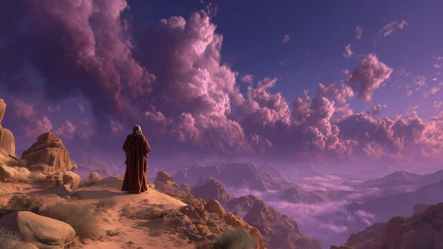 Photorealistic scene pushing towards a solitary figure in a robe, standing on a rocky outcrop under a vibrant, cloud-filled sky, evoking a sense of hope and reflection