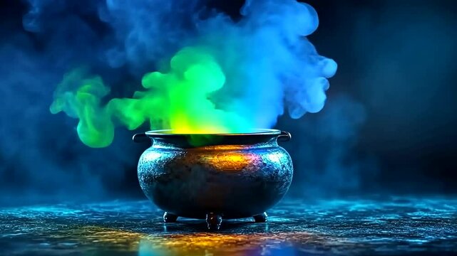 A mystical cauldron emits colorful smoke in a dark, enchanting atmosphere, creating magic