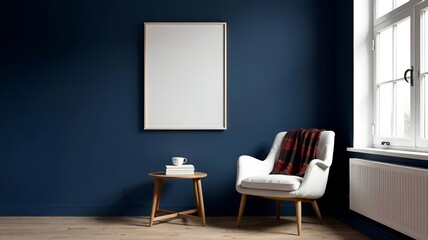 Scandy minimal interior with armchair, table, green plant and painting empty mock up