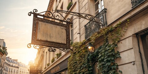 Ornate Parisian Shop Sign Blank Vintage Signboard, Wrought Iron, Ivy, Sunset, Parisian Architecture Paris, signage
