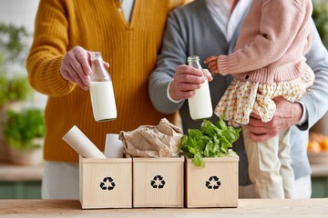 Caucasian mature adults recycling with toddler in family kitchen environment