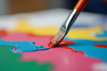 Fototapeta premium Macro close-up capture of a dripping paintbrush crafting a vibrant abstract masterpiece on a blank canvas.