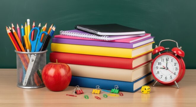 Back to school supplies stacked books alarm clock apple - Powered by Adobe