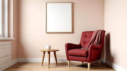 Scandy minimal interior with armchair, table, green plant and painting empty mock up