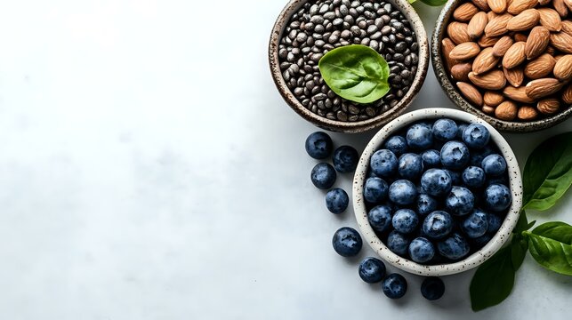 Fresh blueberries, dark chocolate chips and almonds in ceramic bowls on light background with green leaves, top view with copy space for healthy snacks.