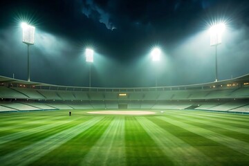Empty cricket stadium at night, illuminated by bright floodlights, a lone figure stands on the green field.