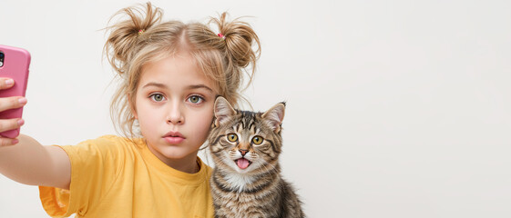 Adorable young girl taking selfie with cute tabby kitten using smartphone - child and pet friendship moment captured in modern lifestyle photography