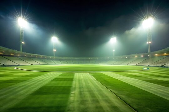 Empty cricket stadium at night, illuminated by bright floodlights, green grass field