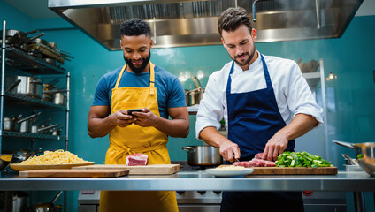 Professional chefs cooking together in modern commercial kitchen while blogger streaming cooking lesson content to social network blog for restaurant service