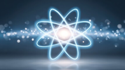 An atom surrounded by energy. Tiny particles and energy. The power of thought and the universe. The discovery of science and the mind.