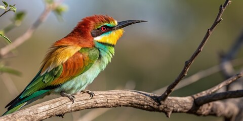 Fototapeta premium Rainbow Bee-eater Perched on Branch Vibrant Colors, Detailed Feather Texture, Wildlife Photography, Bird Portrait Bee-eater, Bird photography