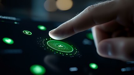 Finger touching digital fingerprint scanner with green glowing interface elements on dark background showing modern biometric security technology.