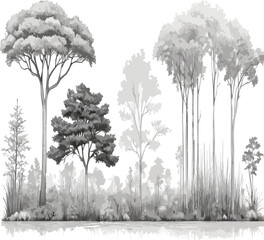 Fototapeta premium Monochrome Tree Silhouettes Collection with Reflections - Diverse Nature & Park Elements