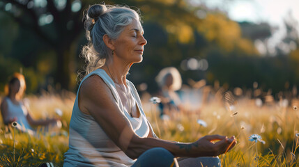 Older woman practicing yoga and meditation outdoors in a sunlit field, surrounded by nature and peaceful atmosphere.