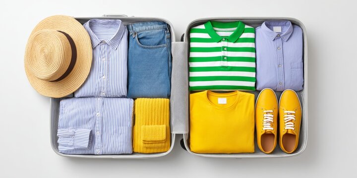 An open suitcase neatly packed with clothes, shoes, and gadgets