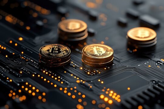 Golden cryptocurrency coins on circuit board with glowing orange elements, macro shot capturing digital finance technology and modern banking concept.