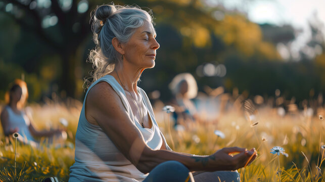 Older woman practicing yoga and meditation outdoors in a sunlit field, surrounded by nature and peaceful atmosphere.