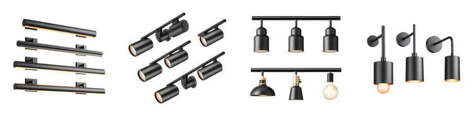 Modern Black Track Lighting Fixtures Isolated on White Background - Interior Lighting