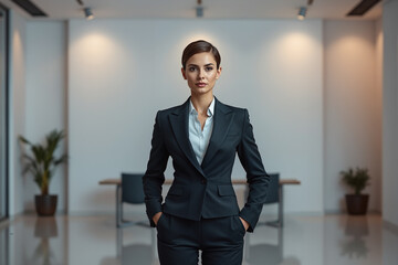 Professional businesswoman in formal suit standing confidently in modern corporate office interior with contemporary design