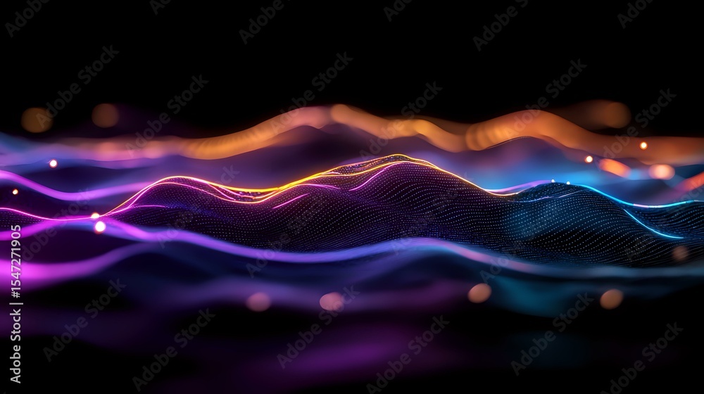 Poster glowing neon waves with purple and blue gradient colors flow across dark background creating dynamic
