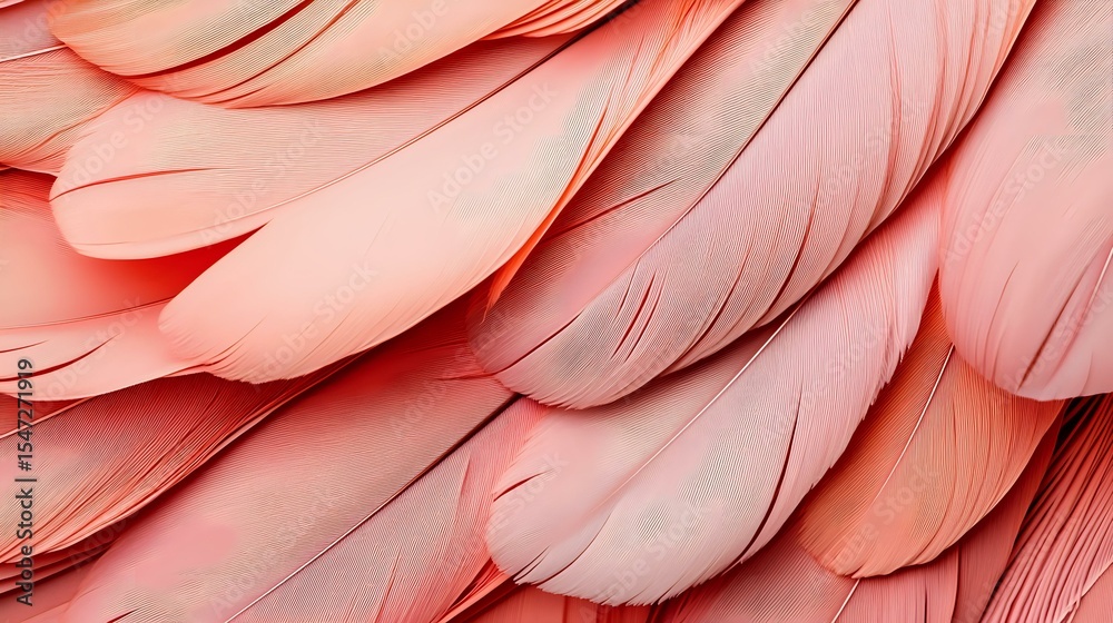 Poster delicate coral pink feathers in macro view creating soft layered texture and abstract pattern, gentl