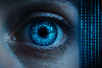 AI generated digital close-up of a human eye integrated with binary data glowing light patterns and sci-fi HUD elements representing advanced intelligence and cybernetic vision