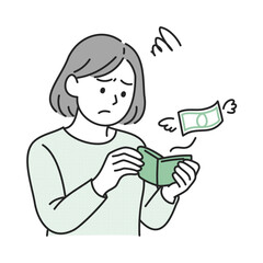 財布を見て落ち込む女性のイラスト