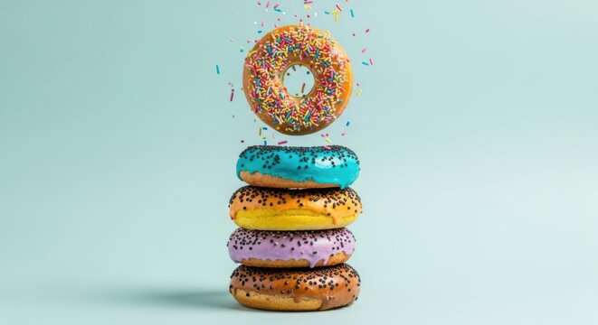 Stack of colorful donuts with sprinkles and one floating donut