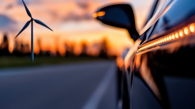 Sleek car side mirror reflection at sunset with wind turbine silhouette in background on empty road, combining sustainable energy and modern transportation themes.