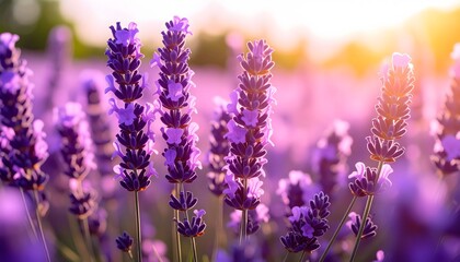 Obraz premium Lavender field bathed in golden sunlight, showcasing vibrant purple blooms and soft bokeh
