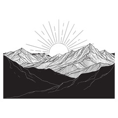 Black and White Mountain Range Sunrise Line Art Illustration