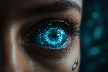 AI generated photorealistic closeup of a humanlike eye enhanced with glowing blue digital circuits representing advanced cybernetic technology and artificial intelligence in a sci fi setting