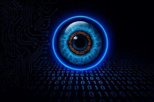 AI generated digital eye floating in dark space surrounded by glowing circuits and binary code symbolizing surveillance data intelligence and futuristic cyber processing