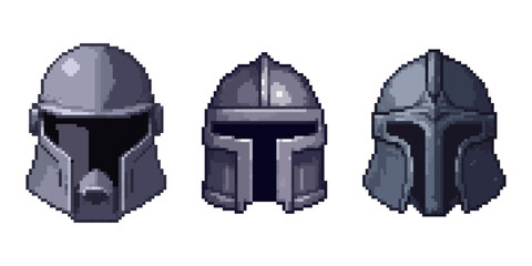 Pixel Art SciFi Helmets Collection, Futuristic Armor Icons. striking collection of three distinct pixel art helmets, meticulously rendered in a classic retro video game style
