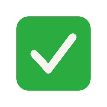 Green square icon with a white check mark, flat minimal design symbolizing confirmation, success, approval, validation, or completion.

