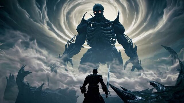 Boss fight: Epic fantasy scene with giant armored figure and lone hero facing each other in swirling clouds, symbolizing battle, power, courage, conflict, mythology, strength, and cinematic