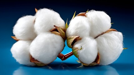 Fresh white cotton bolls with green and brown stems on a blue background