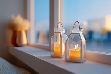 Cozy candlelit scene with glass lanterns on windowsill at sunset