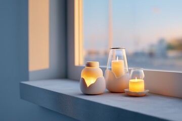 Cozy candlelit ambiance with soft natural light on window sill