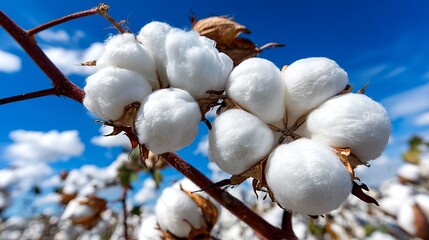 Close-up of ripe cotton bolls on a branch against a bright blue sky