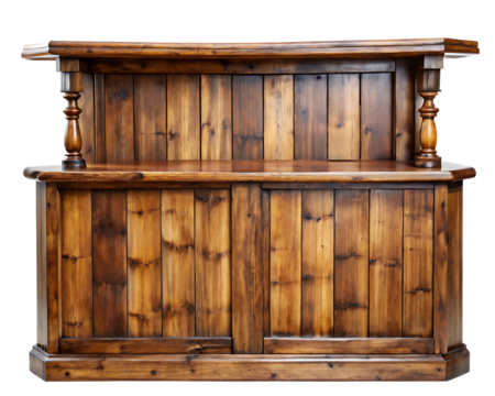 Dark Brown Wooden Bar Counter with Vertical Plank Doors and Turned Wooden Legs Isolated on a Transparent Background A I G E N E R A T E D - P N G
