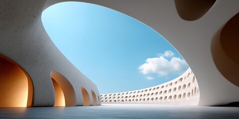 Modern architecture: curved structure with arched openings under blue sky