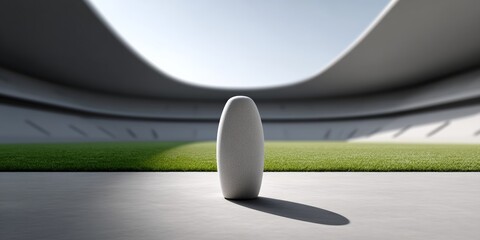 Futuristic oval sculpture in minimalist stadium with green grass and shadows