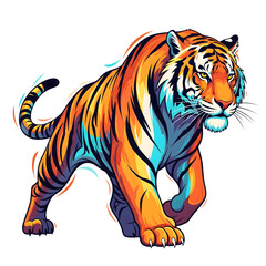 Naklejka premium T-shirt print: colored tiger, Bengal tiger, in a vivid artistic style, bright and dynamic, representing strength and beauty, without background